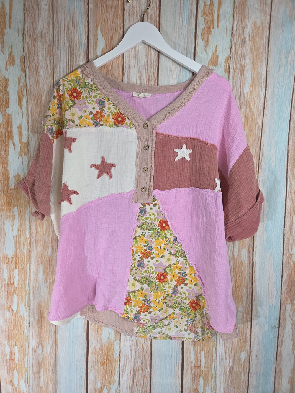 easel Pink Patchwork Floral Star Henley Blouse